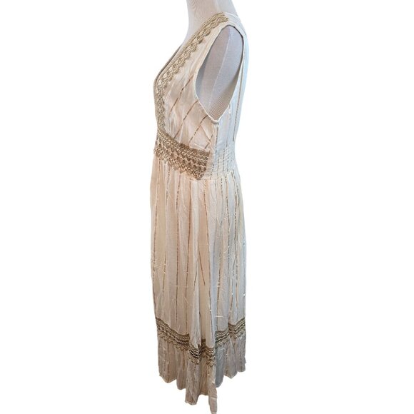 Boho Cream Maxi Dress Gold Accents & Jute Crochet Details By Ashley Taylor OS - Picture 3 of 15
